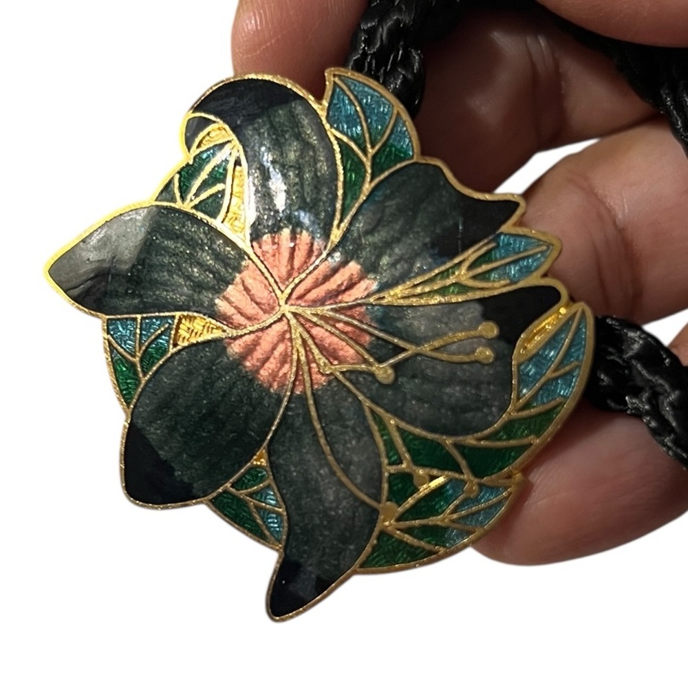 Vintage Cloisonné Floral Pendant Rope Necklace, approx. 24”